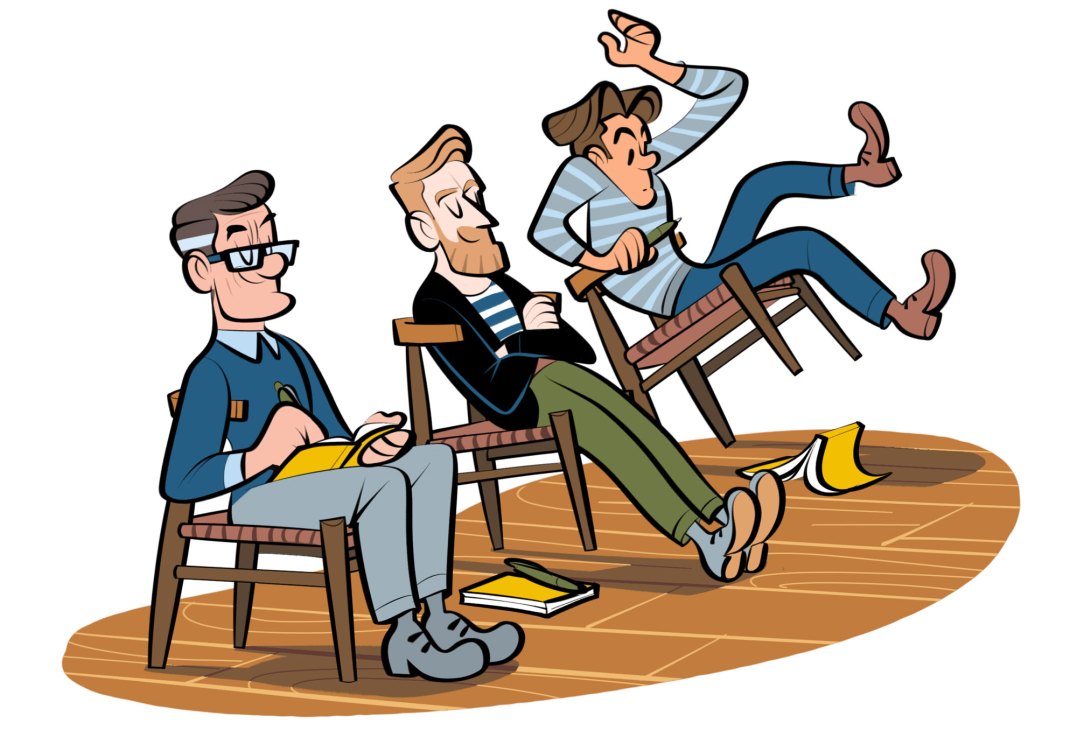 Illustration of three men sitting in different chair styles showing movement and interaction