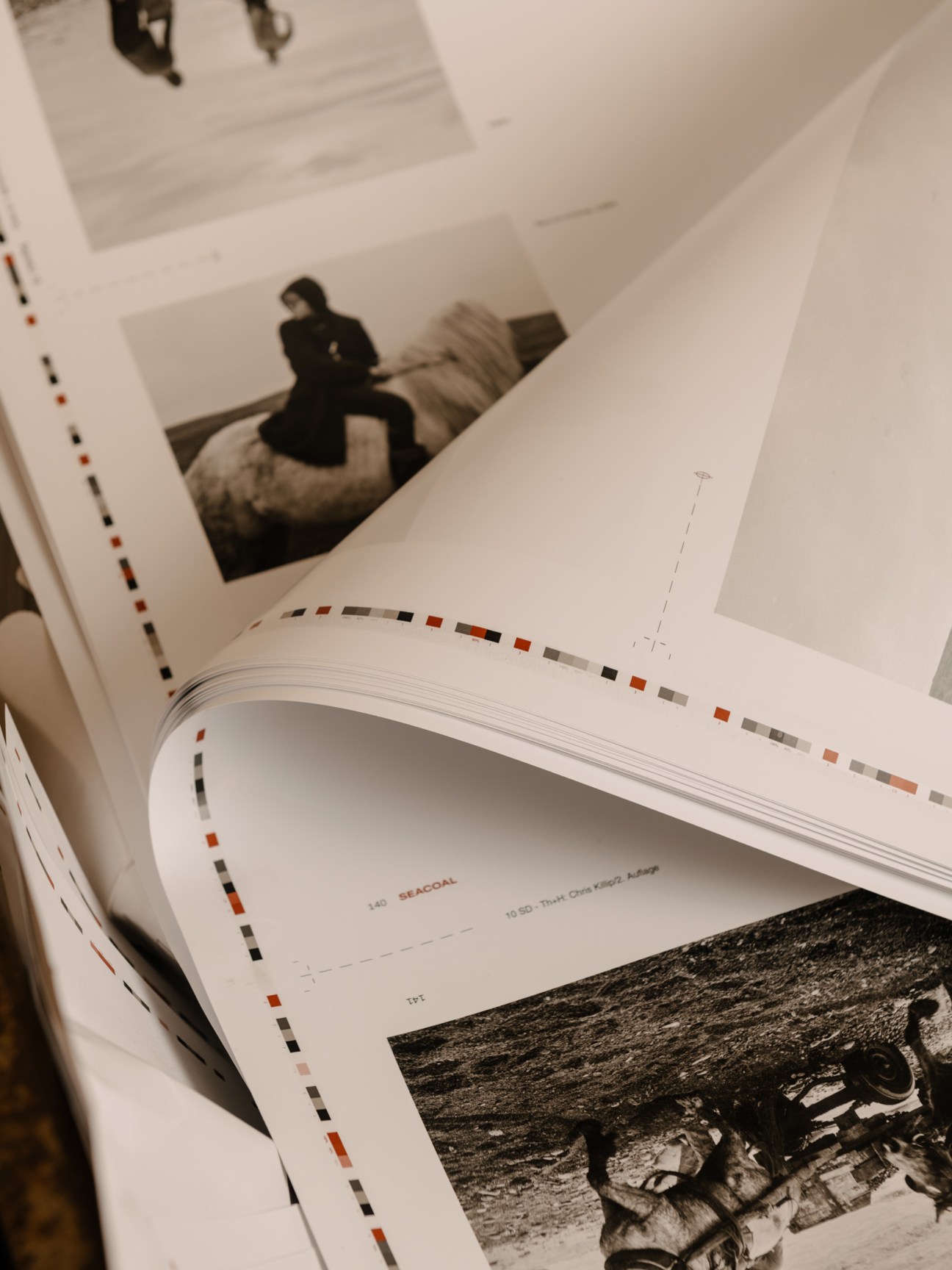 Freshly printed pages from a photobook showing color test strips and black and white photographs.