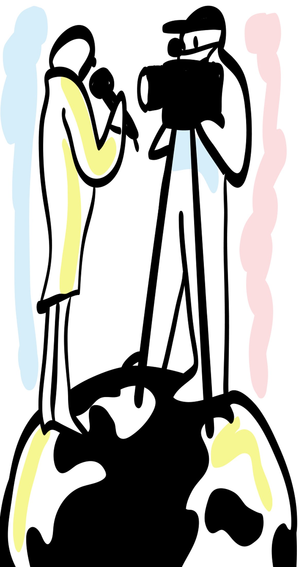 Illustration of a cameraman filming a woman in a yellow dress holding a microphone, with silhouettes in background.