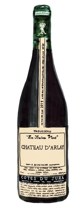 Trousseau 2019 En Treize Vent wine bottle from Château d'Arlay, Jura, France.