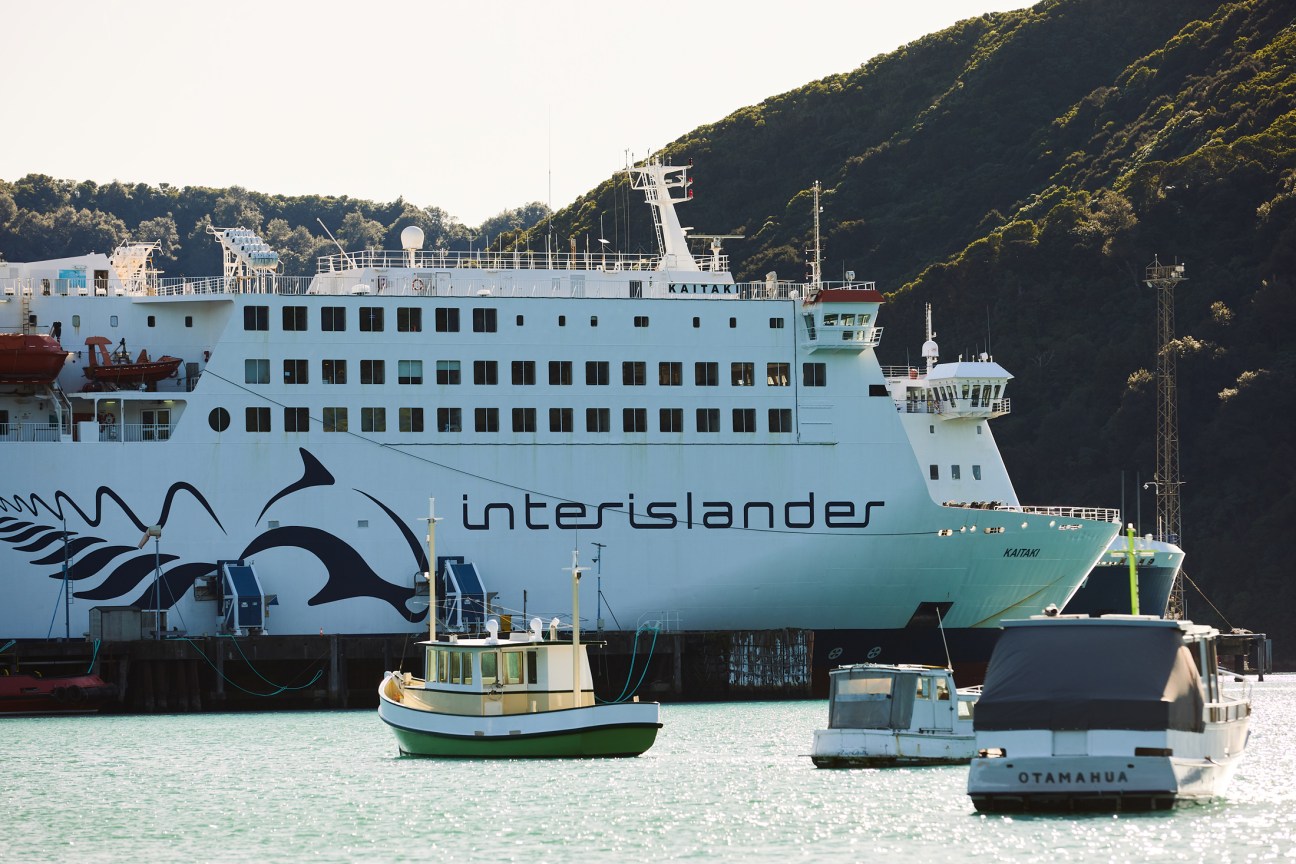 Interior view of the Kaitaki ferry passenger lounge with performance stage area