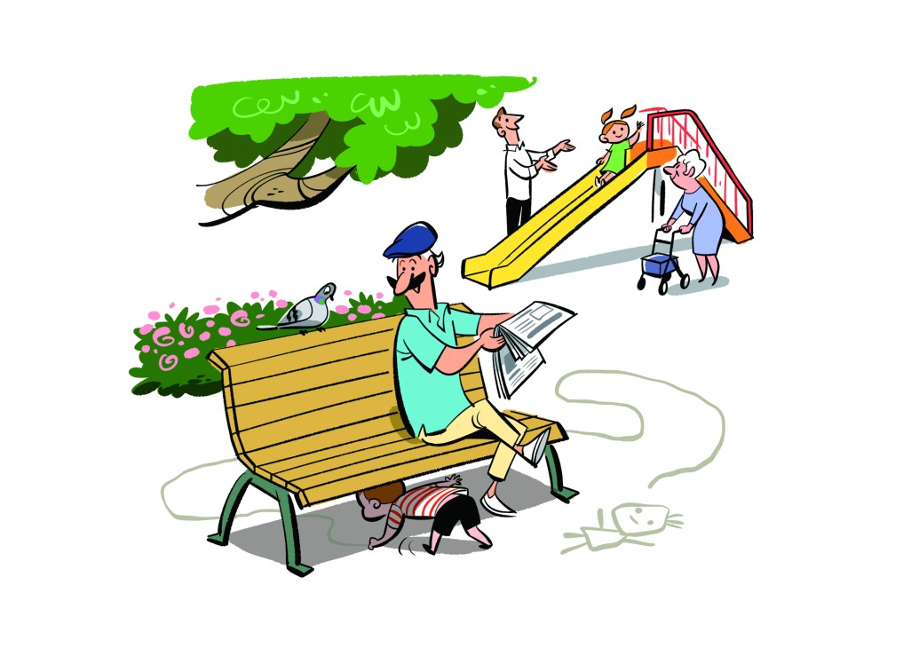A park scene showing people of all ages enjoying public space with playground equipment, benches, and green areas