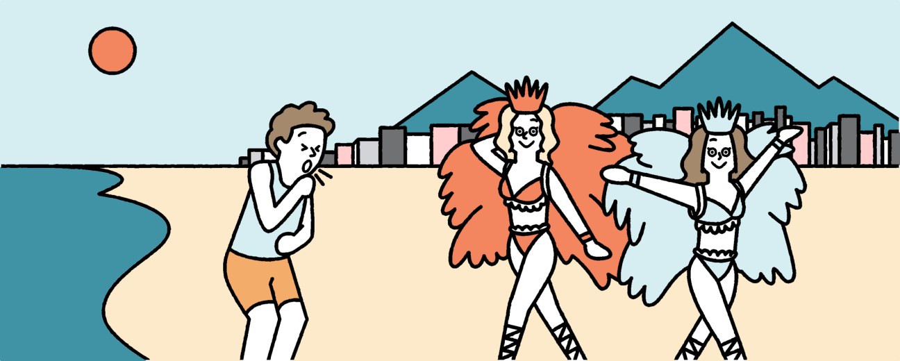 Illustration of a man looking concerned on a beach while women in colorful feathered costumes dance, with a city skyline and mountains in the background.