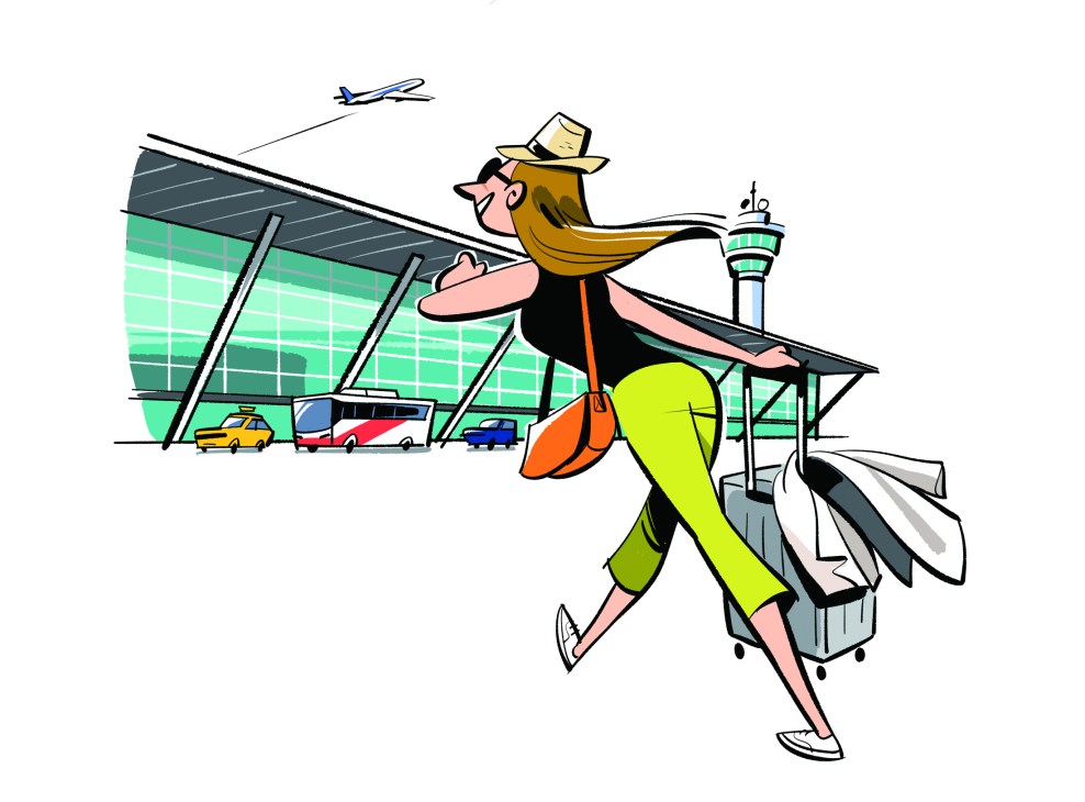 A stylized illustration of a woman with luggage running through an airport terminal with planes and control tower visible