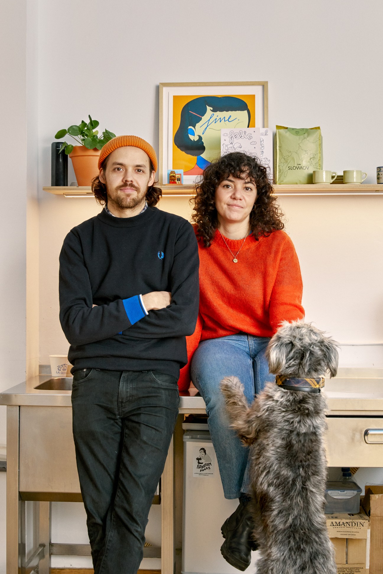 Berta González and Alfredo Borés with their dog Yuba at La Gossa comic book school in Barcelona