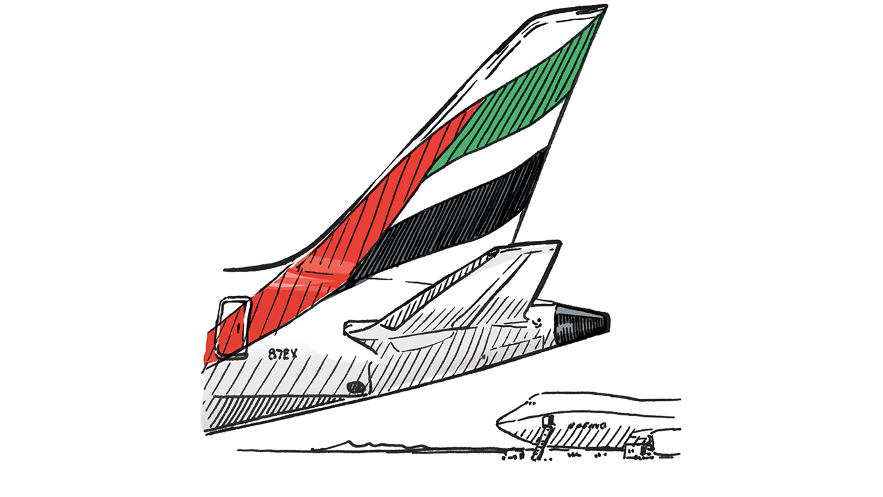 Illustration of an airplane wing with UAE flag colors in red, green, black and white stripes.