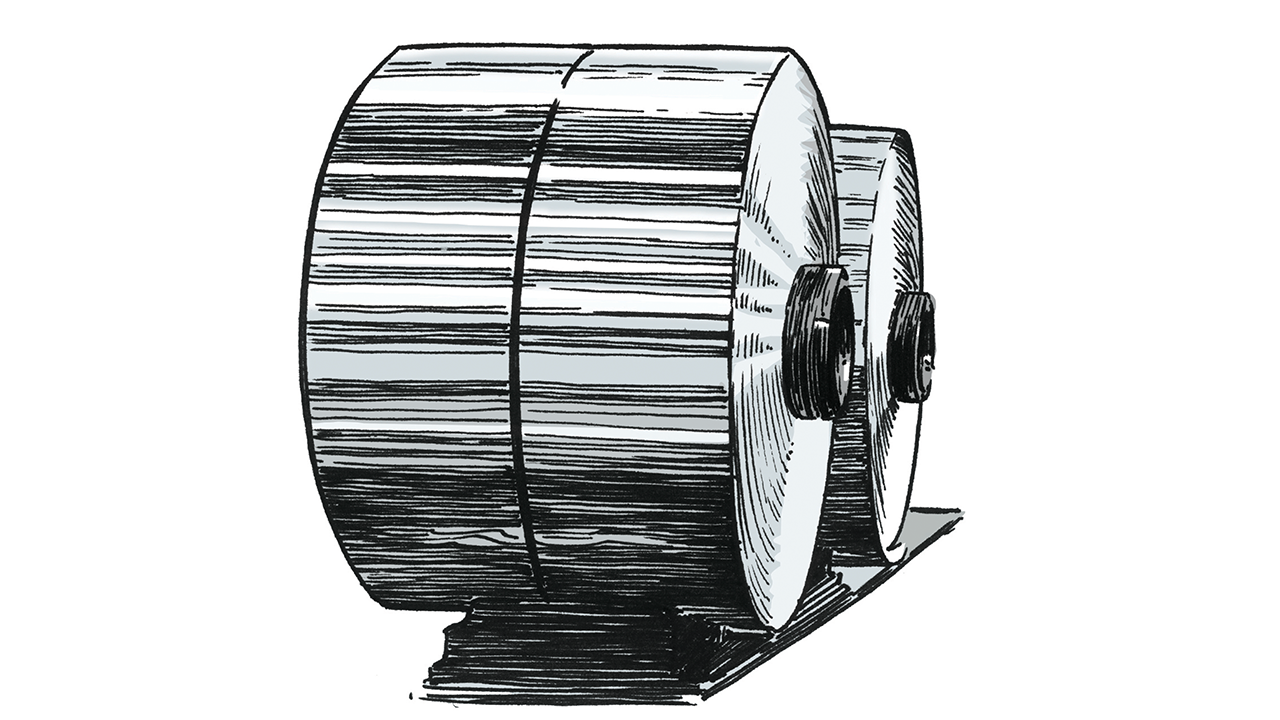 Illustration of an industrial aluminum coil or spool on a stand