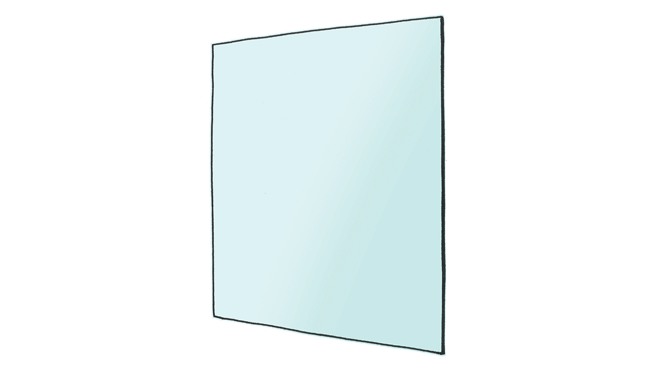 Light blue glass pane with dark border shown at an angle against white background