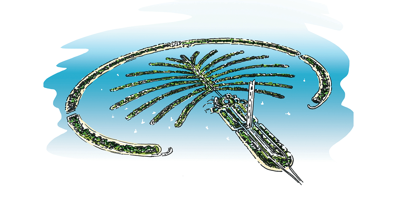 Aerial illustration of Palm Jumeirah artificial island with palm tree-shaped design and surrounding blue water.