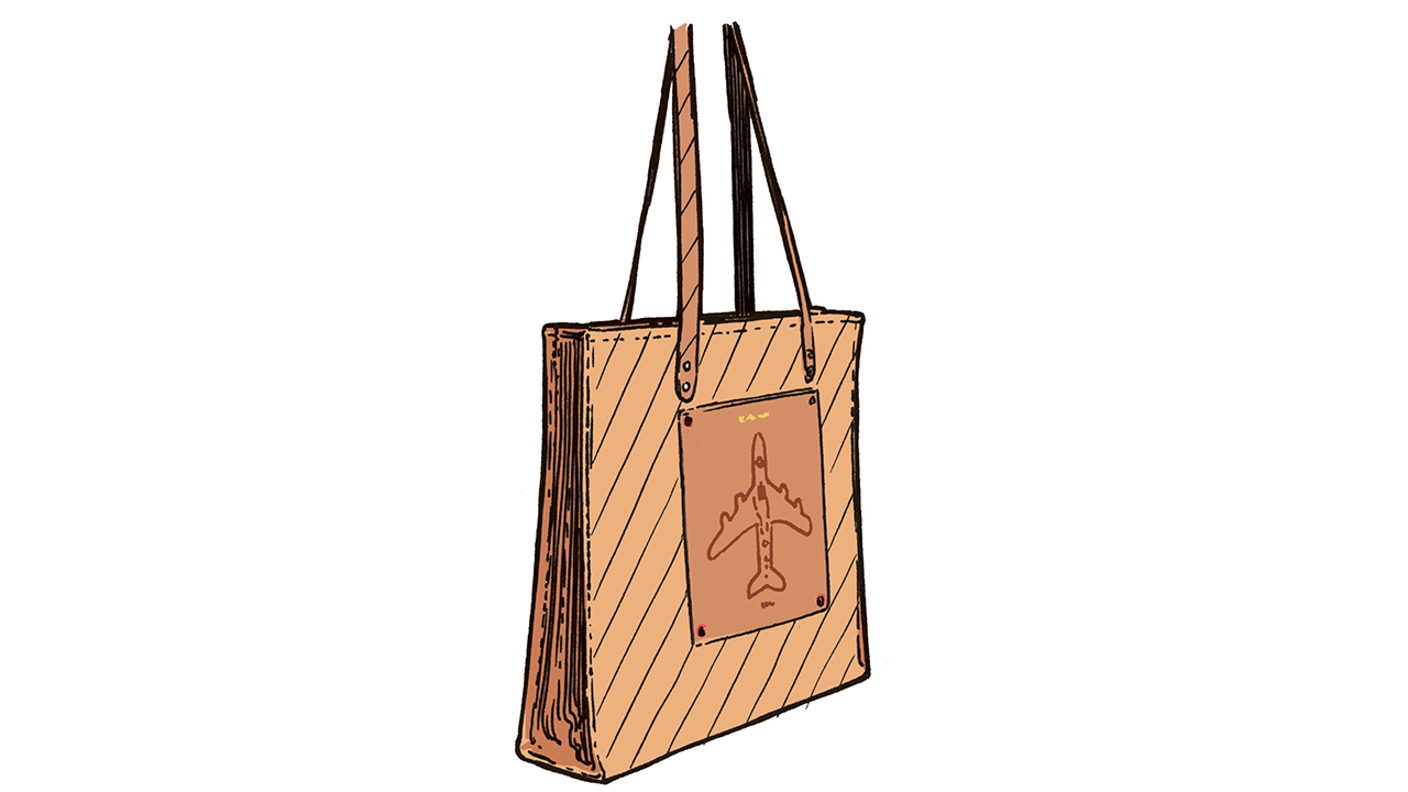 Illustration of a tan tote bag with black handles and a pocket featuring an airplane design
