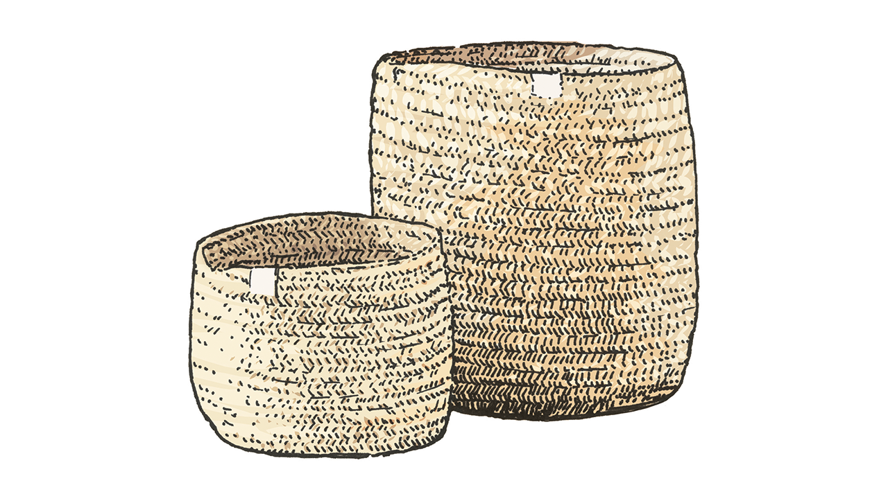 Two woven straw baskets with traditional weaving patterns and dark outlines.