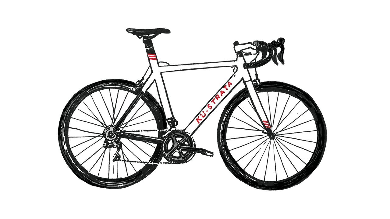 Illustration of a carbon-fibre racing bicycle with red accents and KU-STRATA branding on the frame.