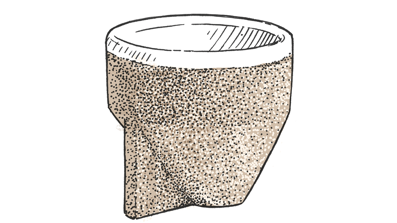 Illustration of a handmade coffee cup made from Ramel, a mouldable substance created from desert sand.
