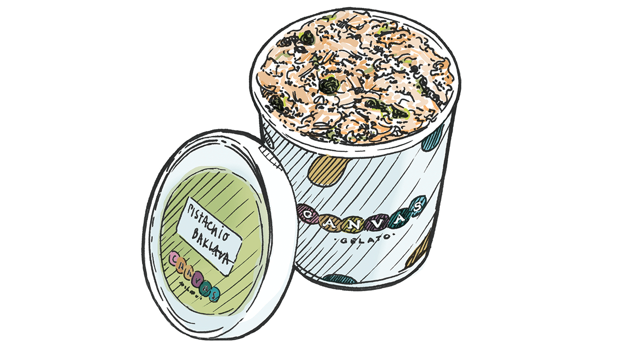 Illustration of a container of Canvas Gelato ice cream with pistachio baklava flavor visible on the lid label.