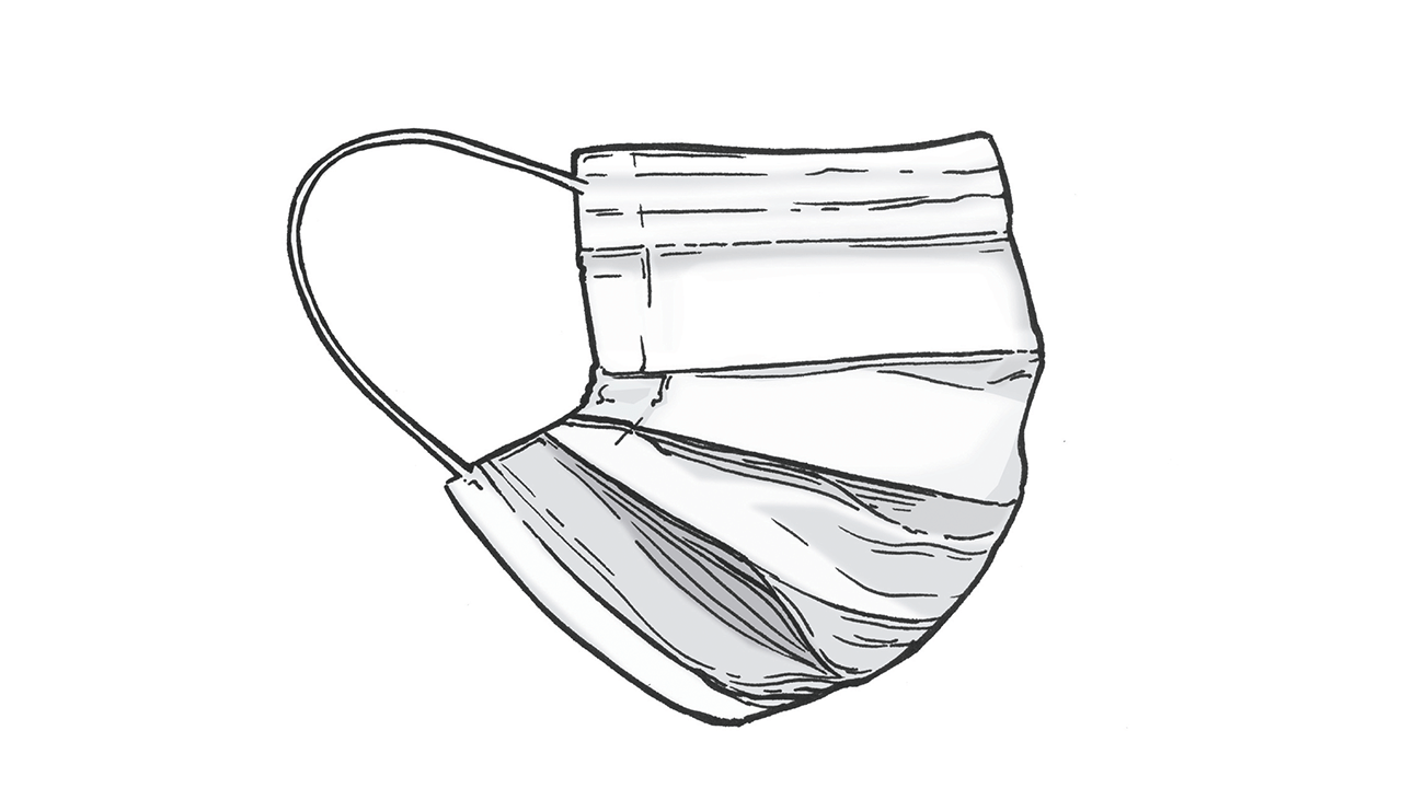 Line drawing of a pleated protective face mask with ear loops.