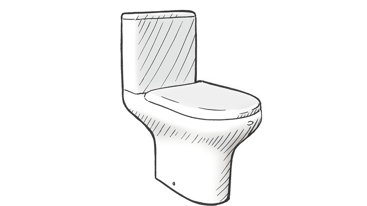 Line drawing illustration of a modern toilet with closed lid and tank
