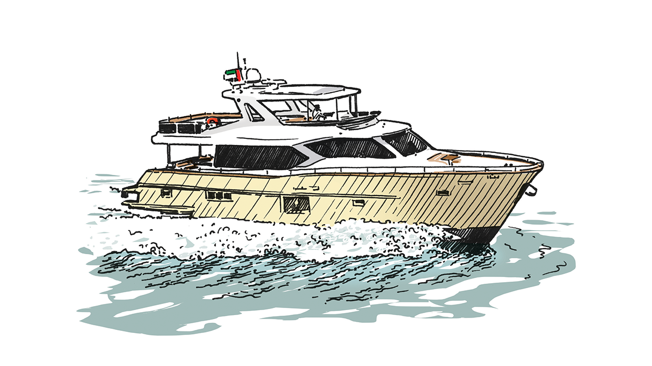 Illustration of a luxury yacht with cream and white hull on blue water.