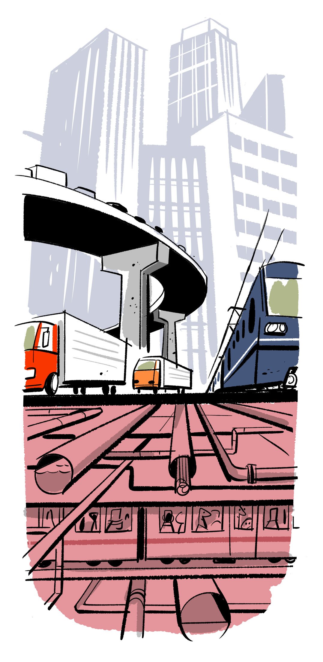 Illustration of urban infrastructure showing buildings, vehicles, transit systems, and underground utilities in a cross-section view.