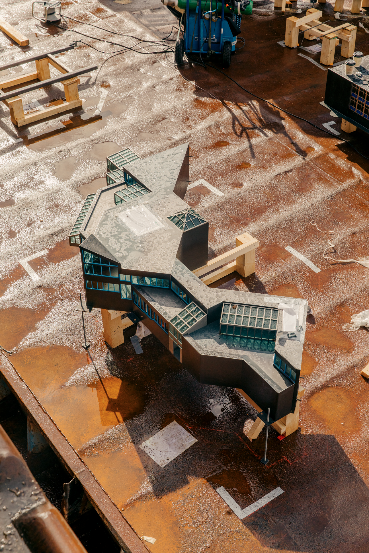 Scaled miniature buildings displayed on construction ground with wooden supports and industrial equipment.