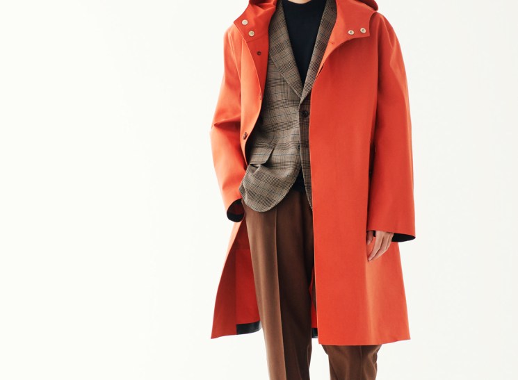 Model wearing Mackintosh coat, Rainmaker jacket, John Smedley jumper, 08sircus trousers and Paraboot shoes.