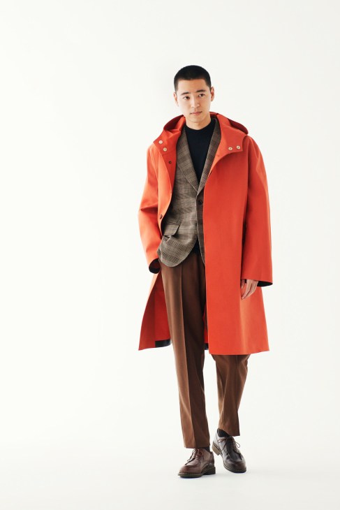 Model wearing Mackintosh coat, Rainmaker jacket, John Smedley jumper, 08sircus trousers and Paraboot shoes.