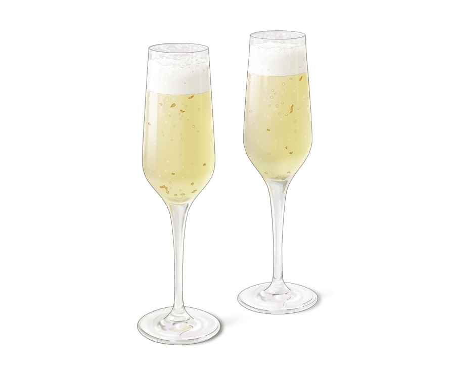 Two champagne flutes filled with pale pink pear bellini cocktail with bubbles rising to the surface