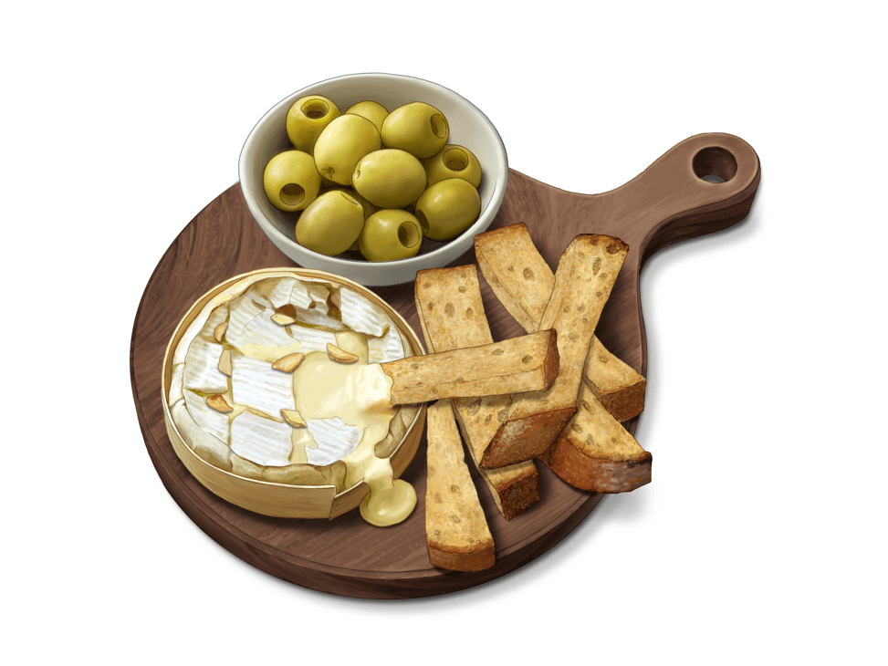Baked camembert in wooden box with golden truffle croutons and green olives on a white plate