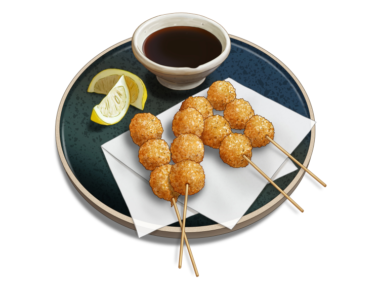 Golden fried dumplings on wooden skewers served on white paper with lemon wedges and dipping sauce on a blue ceramic plate