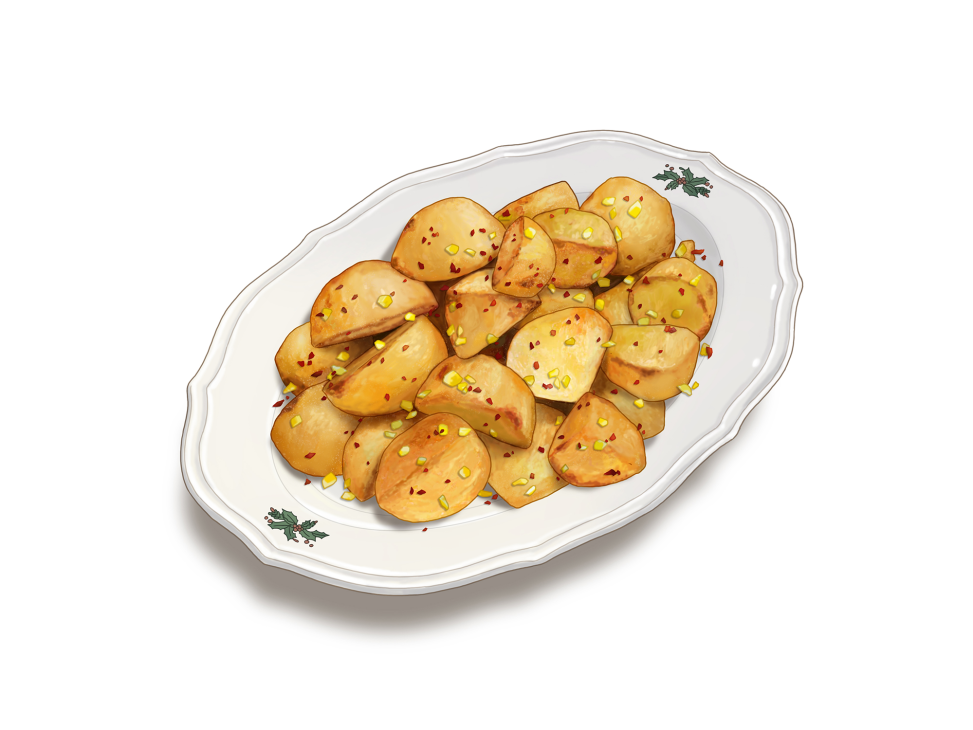 Golden roasted potatoes garnished with chopped preserved lemon and red chilli flakes on a white serving dish