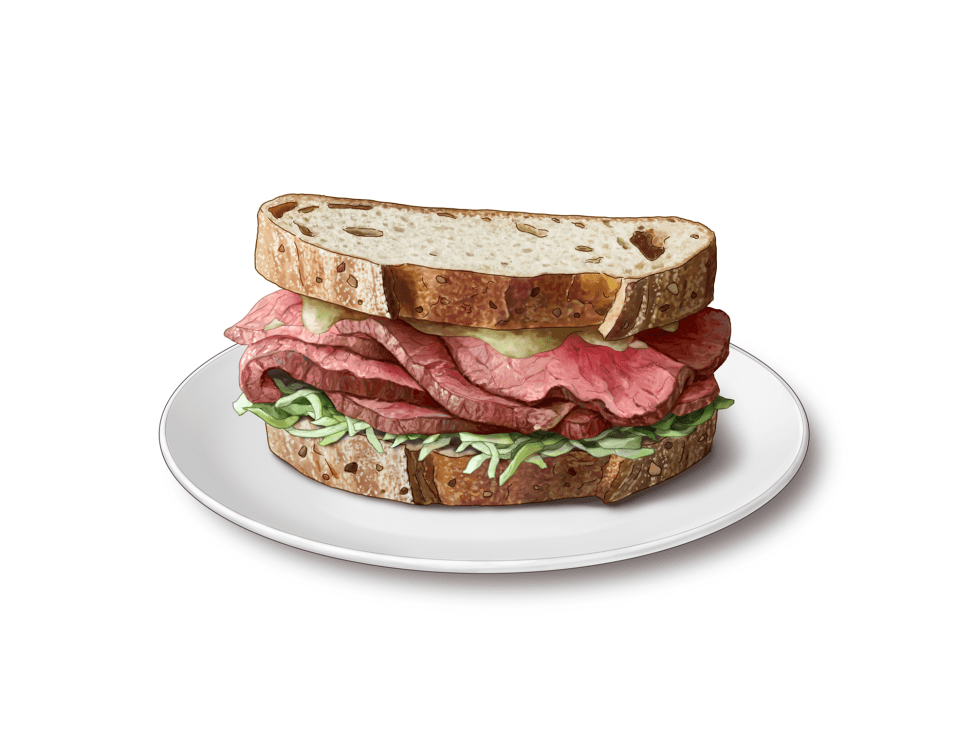Toasted sandwich filled with sliced roast beef, shredded Brussels sprouts and wasabi butter on a white plate