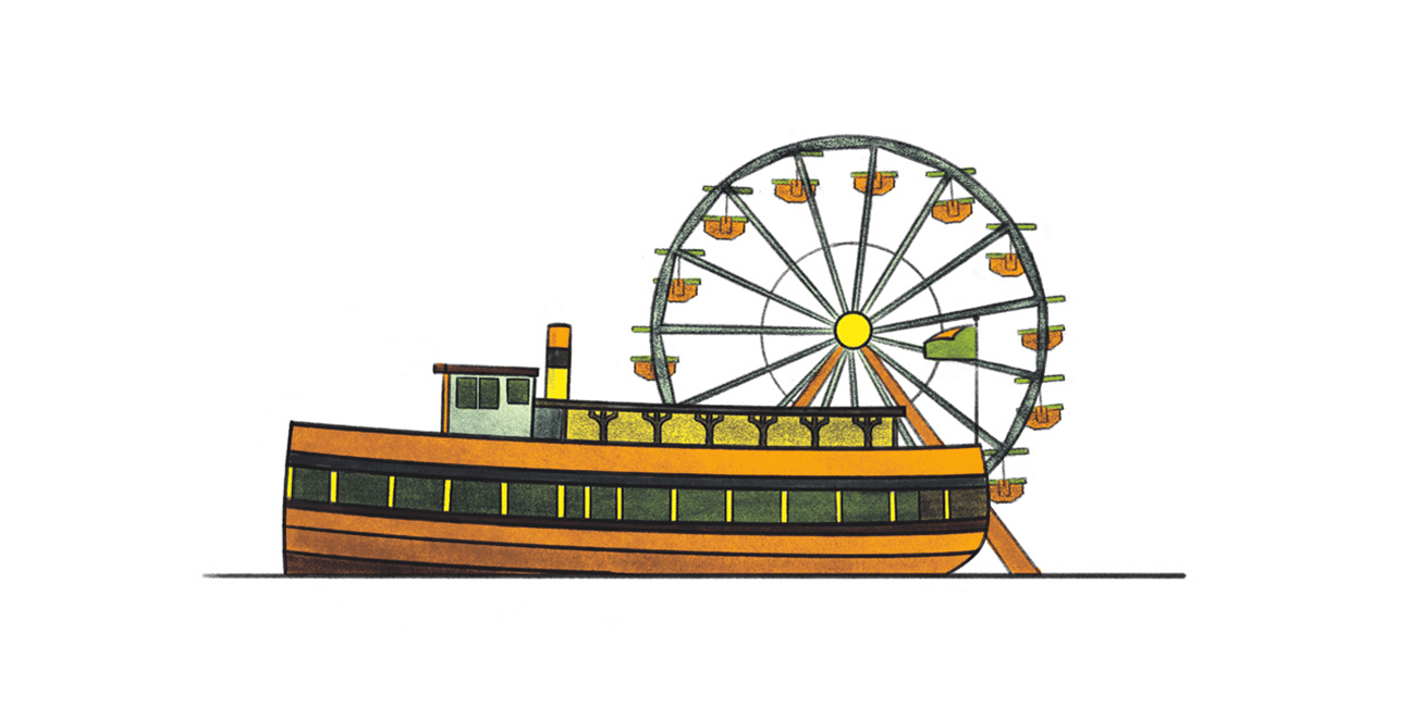 Illustration of a vintage steamboat with a large ferris wheel, representing Arnolds Park amusement area.