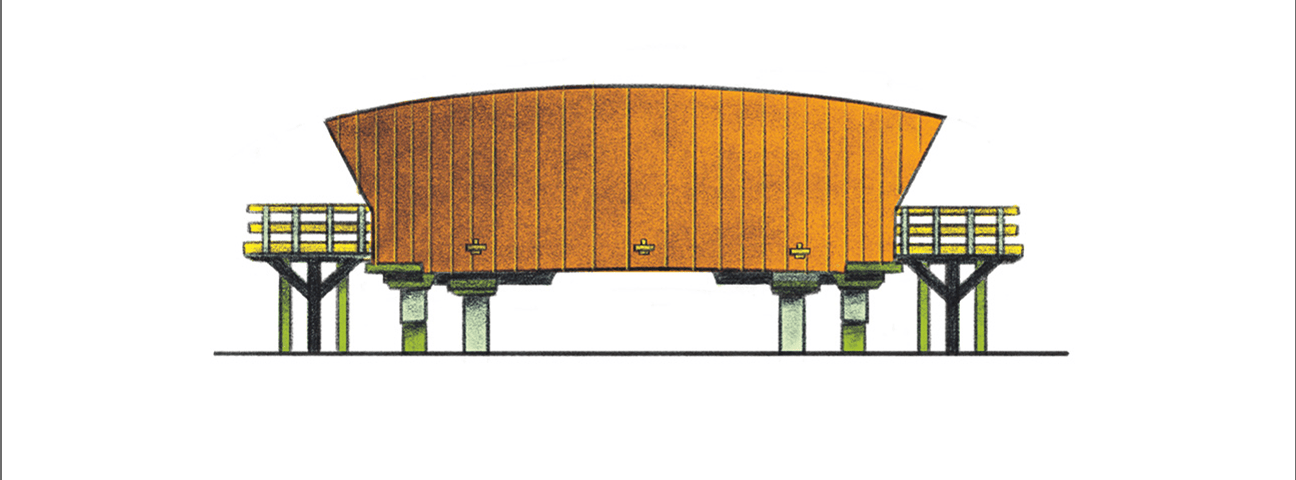 Illustration of a covered bridge with an orange wooden structure supported by green pillars.