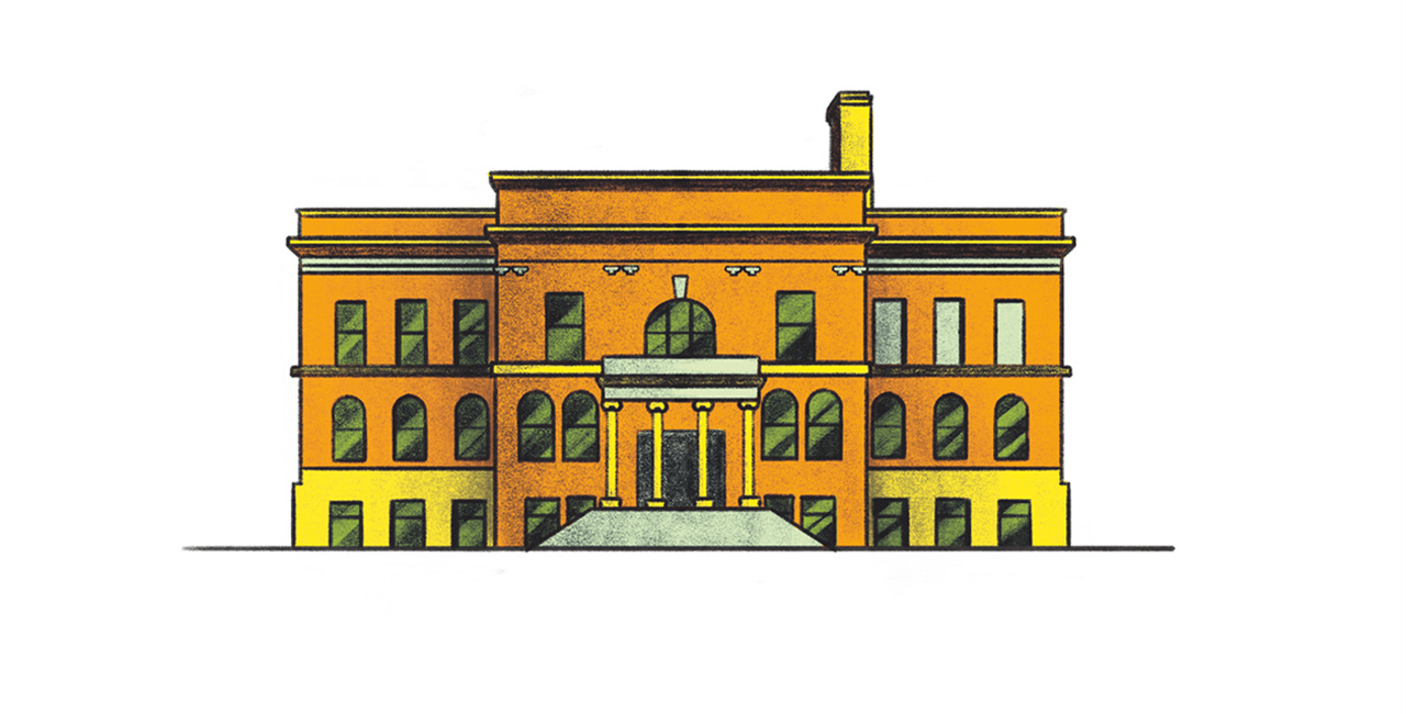 Illustration of a three-story yellow and orange brick building with multiple windows and a central entrance portico.