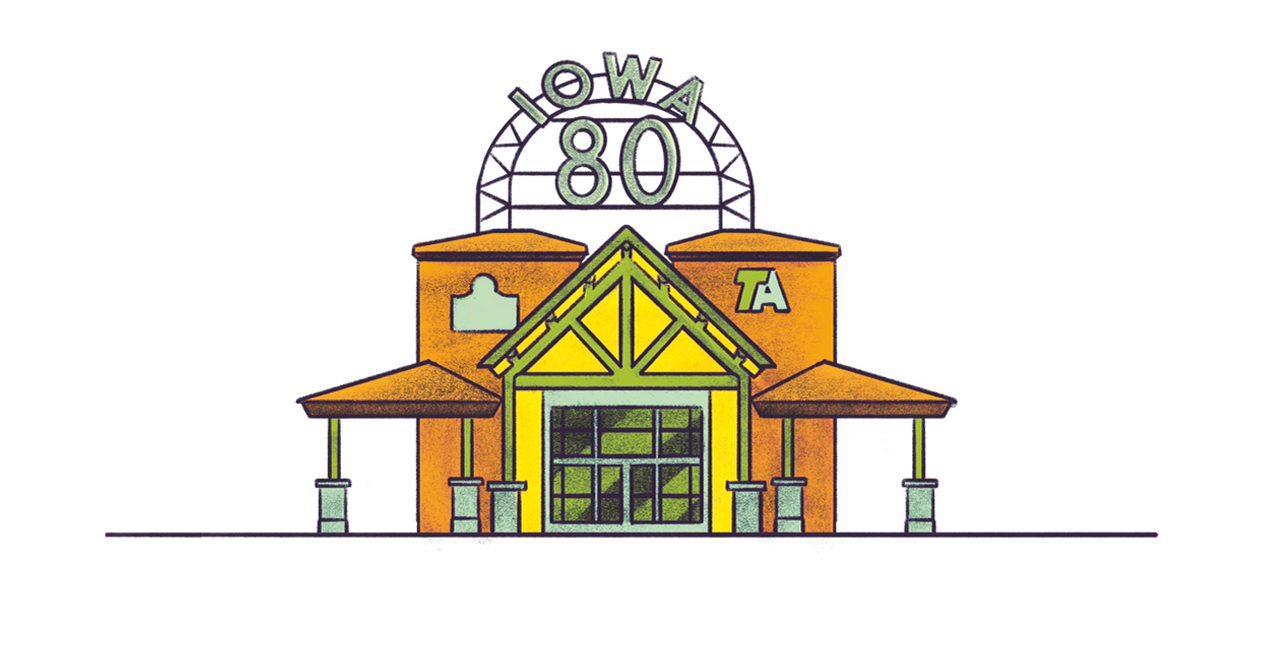 Illustration of Iowa 80 Truckstop with orange exterior, yellow entrance, and retro signage.