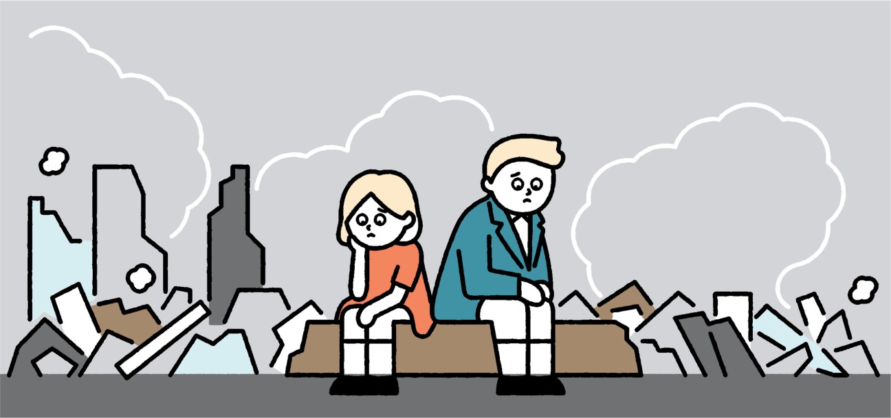 Illustration of a couple sitting on rubble amid a bombed-out London cityscape with damaged buildings and clouds.