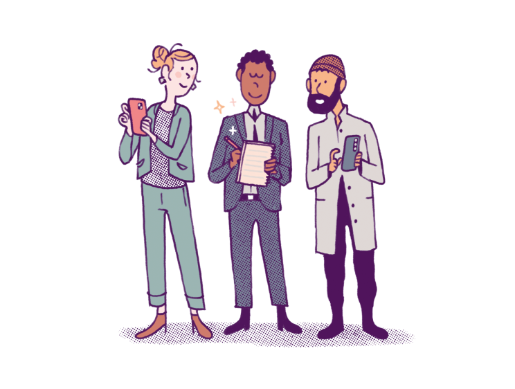 Three diverse people holding different devices - woman with phone, man with papers, bearded man with tablet