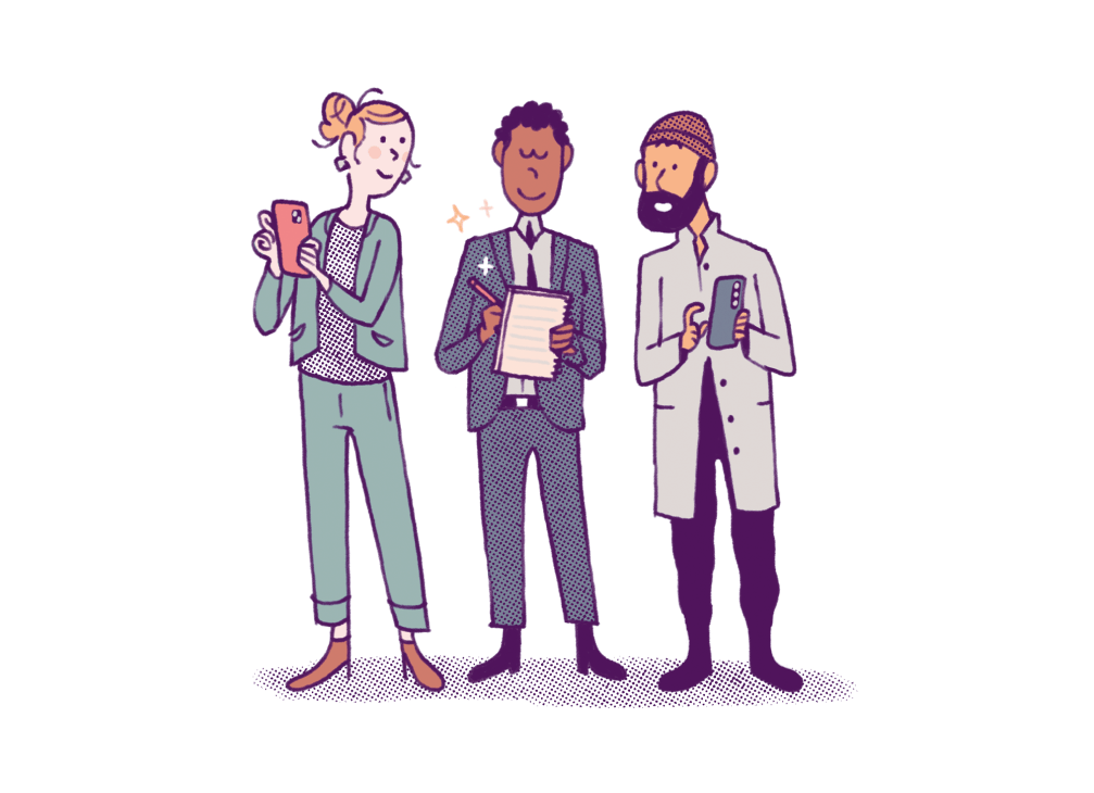 Illustration of a woman and man on their phones watching a third person write in a notebook.
