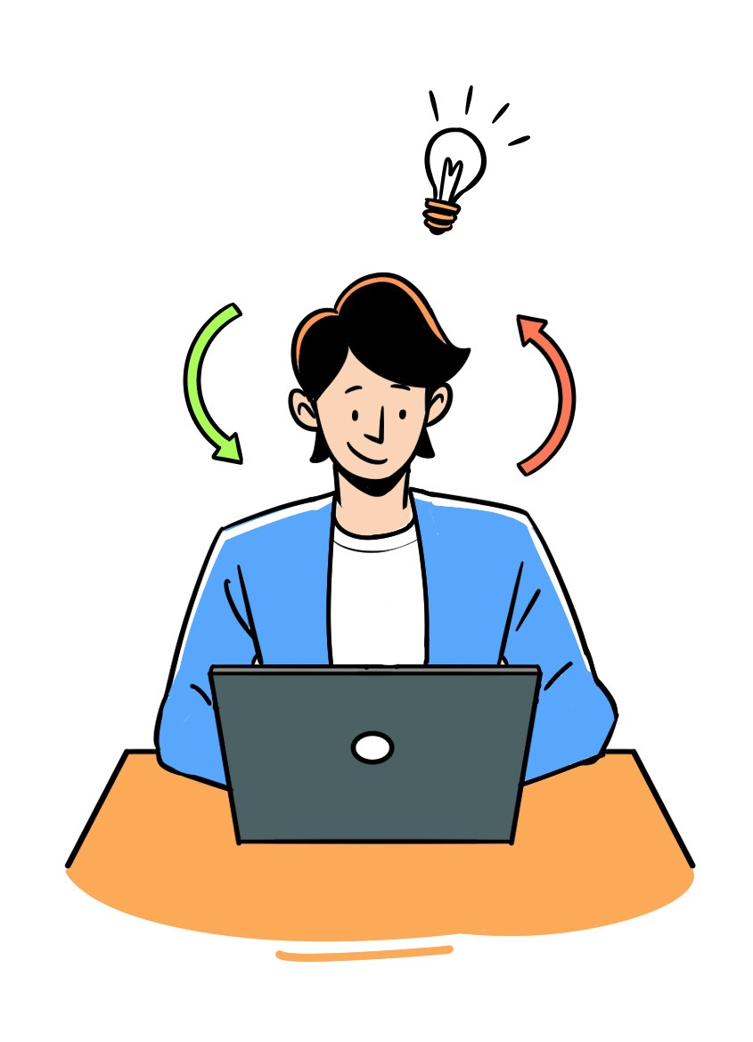 Person with laptop and lightbulb above head with circular arrows indicating idea generation and business thinking