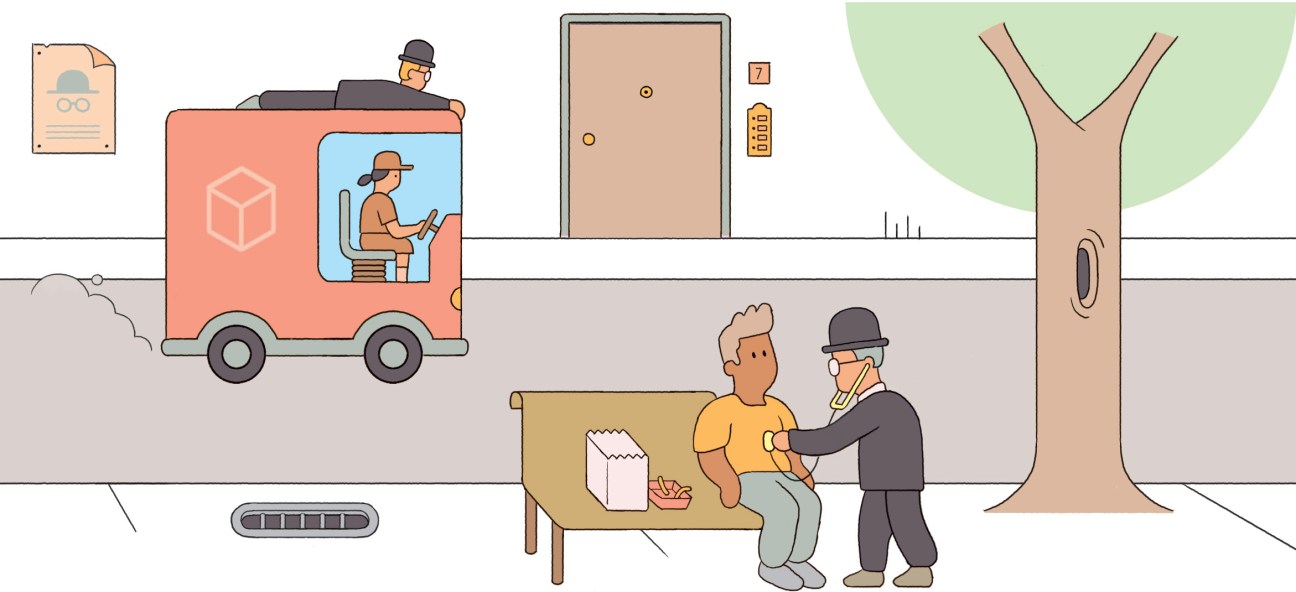Illustration of a delivery truck, person with fitness tracker, and package delivery scene