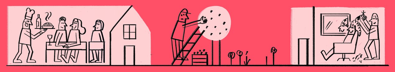 Line illustration showing entrepreneurs in various business scenarios including cooking, gardening, and office work.
