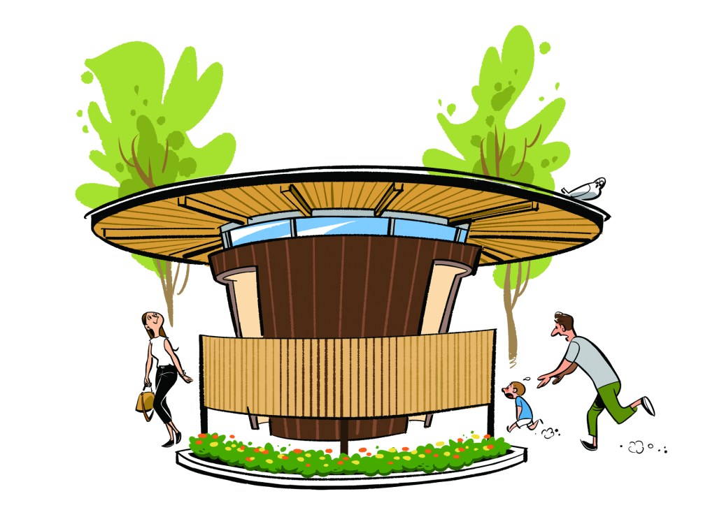 A cylindrical wooden kiosk structure with a circular roof, surrounded by trees and people including a family