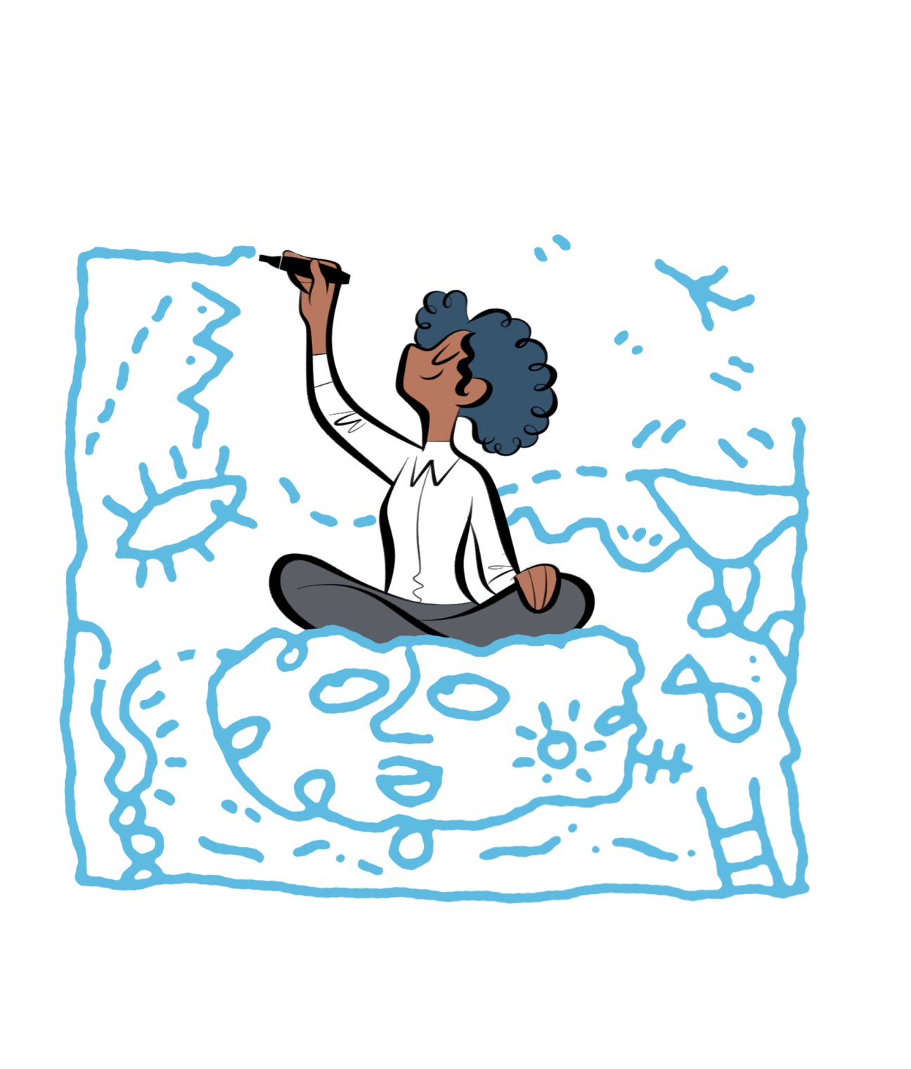 Illustrated figure sitting cross-legged drawing on paper surrounded by creative doodles and sketches