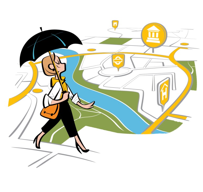 Illustration of businesswoman with umbrella walking on stylized map with location markers and winding path