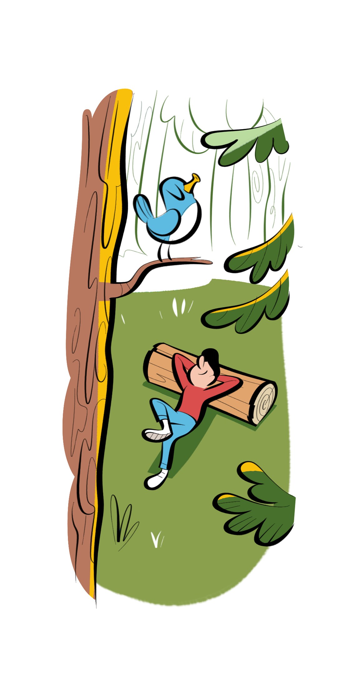 Person relaxing on a log bench in a peaceful forest setting with a bird perched nearby
