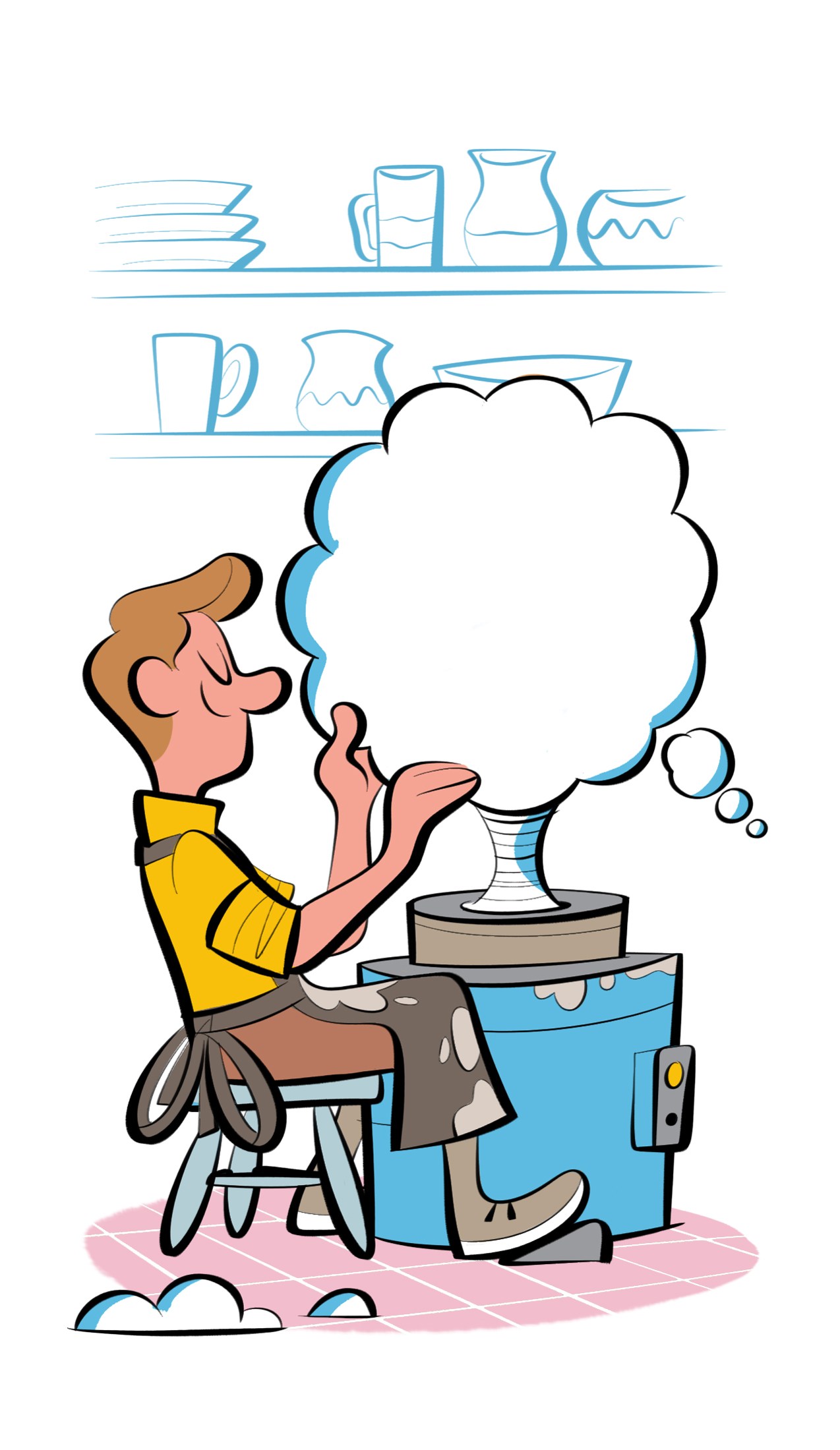 Illustration of person in wheelchair using pottery wheel with steam rising from clay vessel
