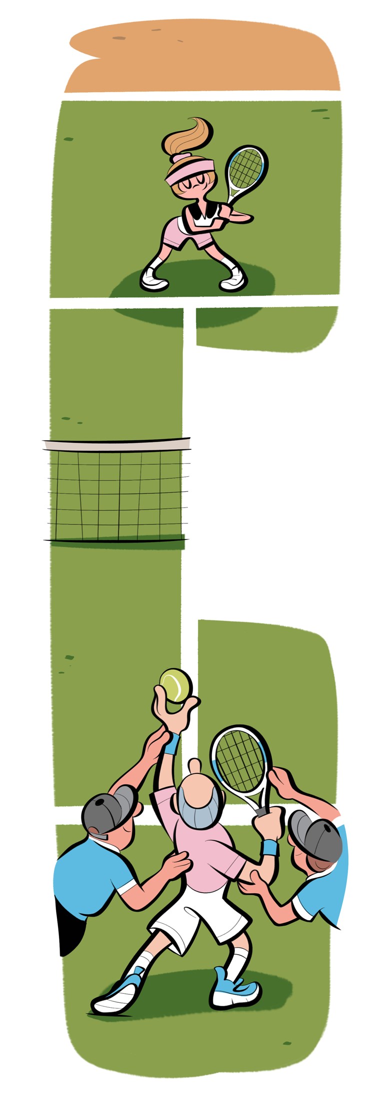 Stylized illustration of tennis players on court with rackets and tennis ball