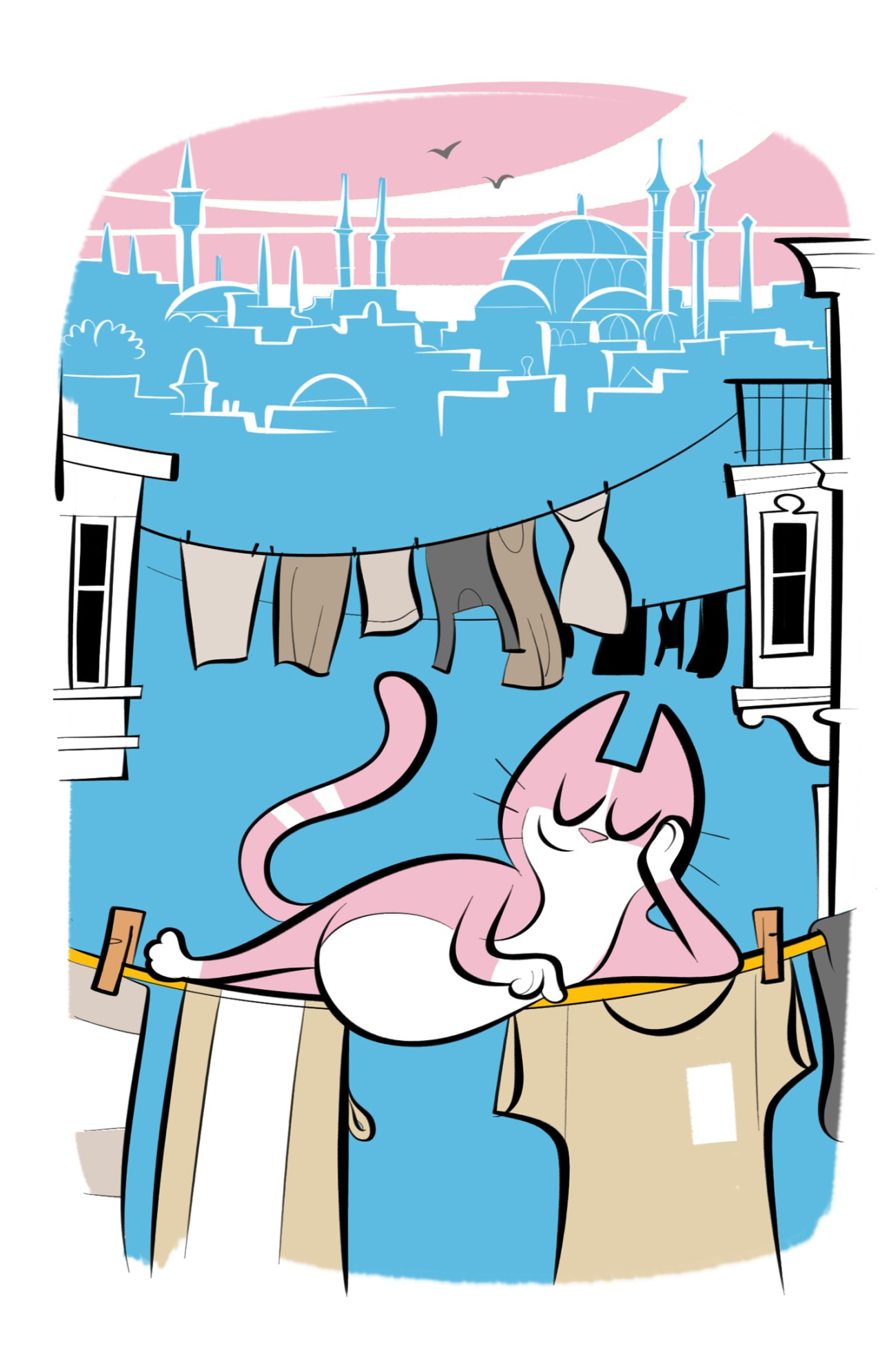 Pink cat relaxing on laundry line overlooking Istanbul skyline with mosques and minarets