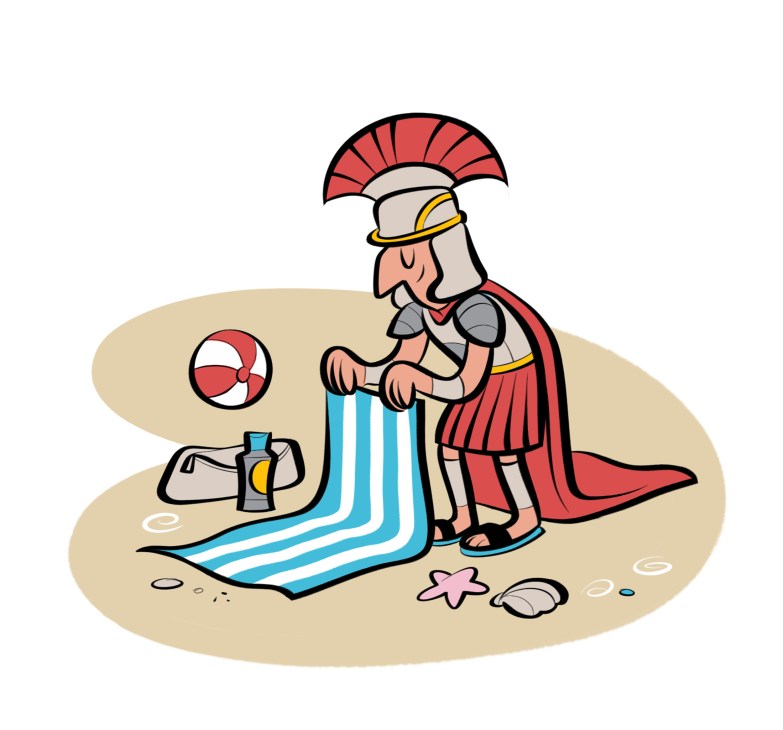 Roman centurion relaxing on beach towel with modern beach items including ball and sunscreen