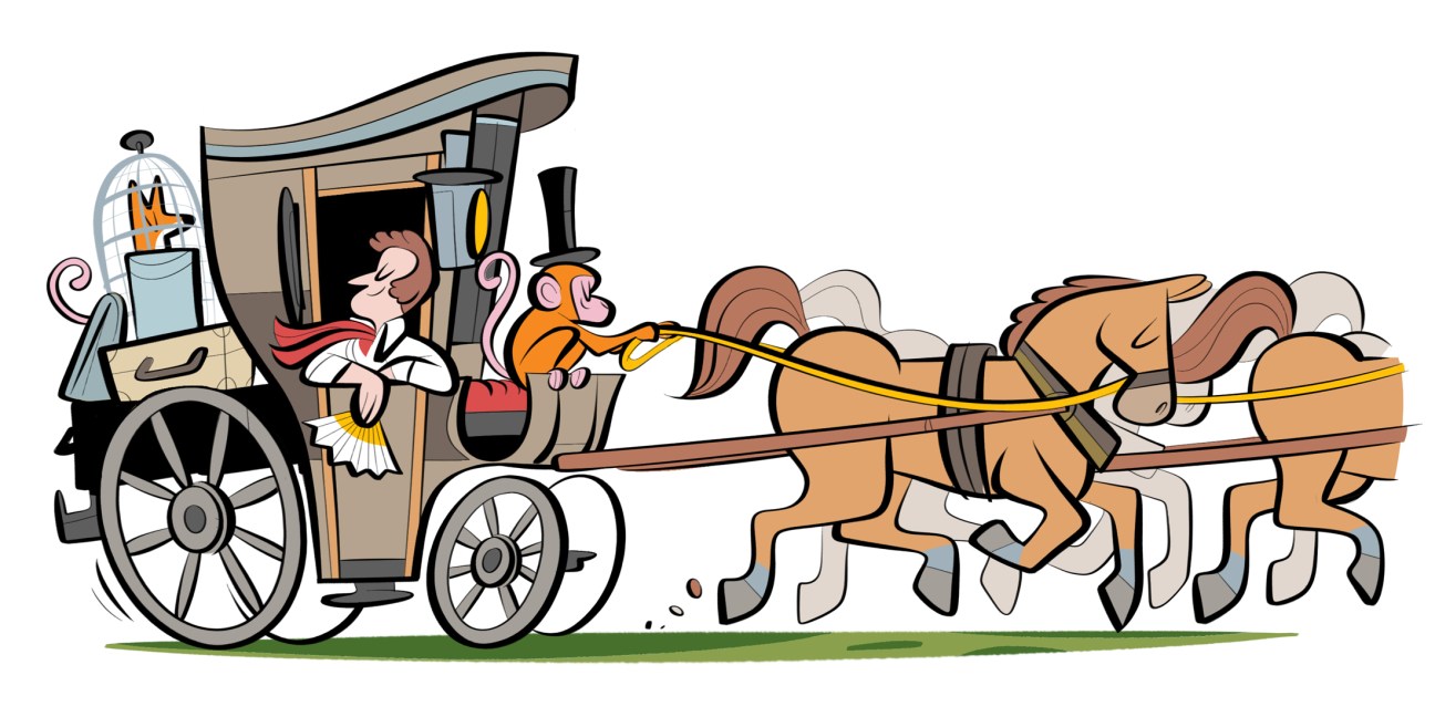 Vintage-style illustration of horse-drawn carriage with passengers and driver in period costume