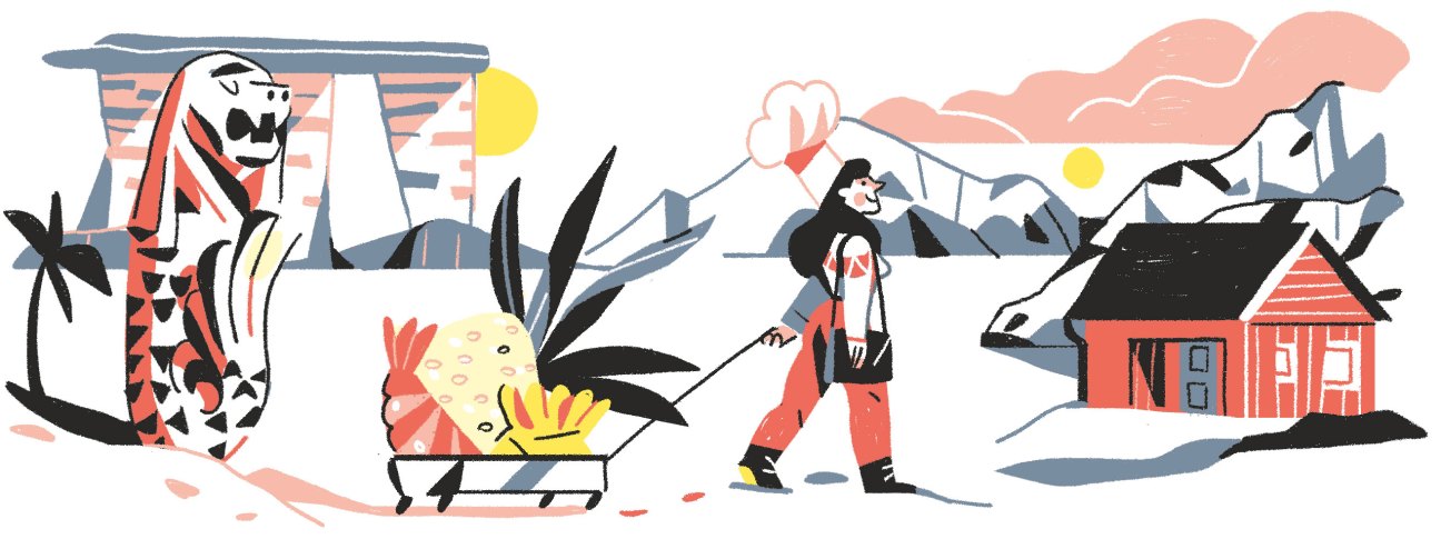 Illustrated scene showing Arctic expedition with person pulling sled past igloo and red cabin